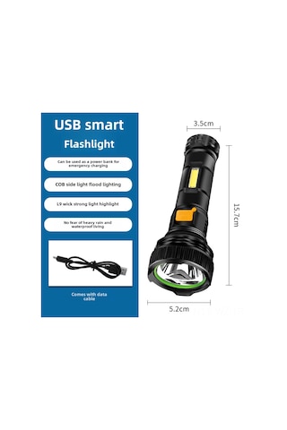 Wezone Güneş Enerjili Usb Şarj Edilebilir Led El Feneri, Ultra Parlak, Taşınabilir, Çok Amaçlı, Acil Durum Lambası T45 Lityum Pil + Usb Kablosu Çok Renkli