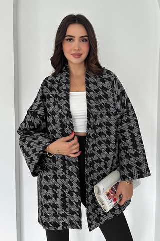 Kazayağı Desenli Kimono Siyah Siyah