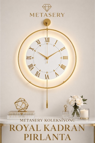 Gold - Royal Kadran Exclusive - Pilli Led - 3 Pil İle Gelir - Modern Metal Duvar Saati