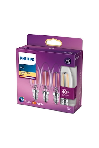Philips Filament 40W E14 Ince Duylu Mum Ampul Sarı Işık 3Lü