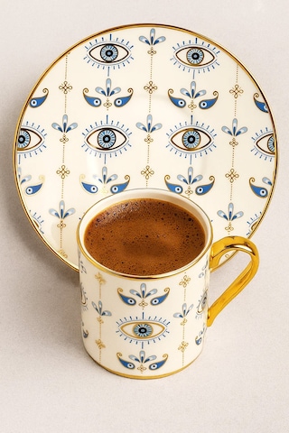 Altın Yaldızlı Nazar Göz Desenli 6 Kişilik Porselen Fincan Takımı 12 Parça Şık Sunum Seti Evil Eye Desenli