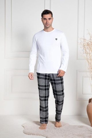 Mecit Pijama Mecit 3082 Erkek Beyaz Ekoseli Büyük Beden Pijama Takımı Beyaz