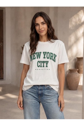 Nealirsanall.com Kadın Ekru New York City Baskılı Oversize T-shirt - Kolej Tarzı Tişört