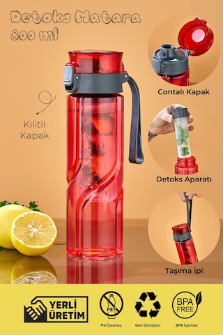 800 Ml Detoks Su Matarası Suluk Pipetli , Bpa Sız, Kilitli Ve Sızdırmaz Kapak - Kırmızı Kırmızı