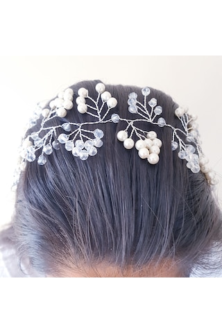 Beyaz Kristal Boncuklu Ve Beyaz Incili Gelin Tacı