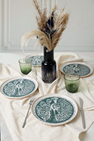 Keramika Tavus Kuşu Nordıc Pasta Tabağı 22 Cm 4 Adet 23137 Yeşil