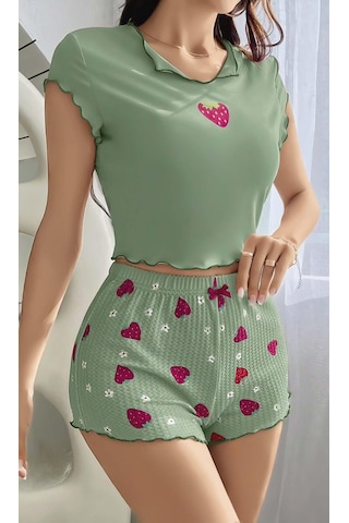 Findit Yeşil Çilek Desenli Askılı Şortlu Pijama Takım Yeşil