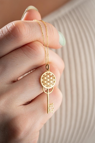 925 Ayar Gümüş Gold Kaplama Lotus Çiçeği Detaylı Anahtar Kolye Gold