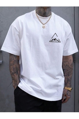 Üçgen Dağ T-shirt - Beyaz Baskılı Oversize Bisiklet Yaka Kısa Kol Tişört Beyaz