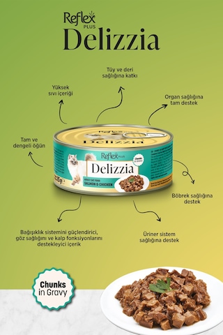 Reflex Plus Plus Delizzia / Sos İçinde Parça Etli Somonlu & Tavuklu Yetişkin Kedi Maması 85g X 12 Adet