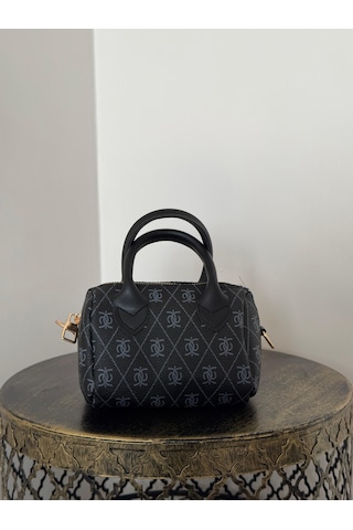 Nira Minimalist Tasarım Monogram Desenli Ayarlanabilir Askılı Fermuar Kapama Kadın Çantası Mavi - Siyah