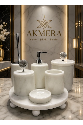 Mermer Top Ayaklı Standlı 7 Parça Lüks Banyo Seti Beyaz