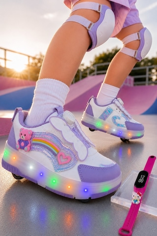 Muggo Colourful Çocuk Işıklı Patenli Tekerlekli Sneaker Spor Ayakkabı Lila