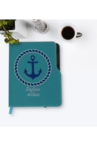 Kişiye Özel Çapa Tasarımlı Turkuaz Termo Deri Defter-1 Turkuaz