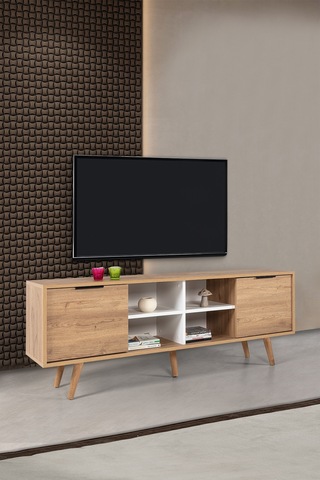 3621 Sina 160 Cm Ahşap Ayaklı , Metal Kulplu Tv Ünitesi , Sepet - Beyaz , Tv Sehpası , Salon Diğer