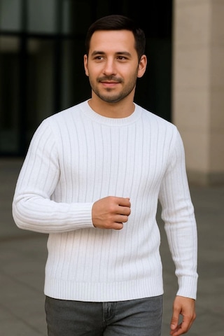 Erkek Bisiklet Yuvarlak Yaka Triko Kazak Pamuklu Kalın Fitilli Dokuma, Regular Fit Uzun Kollu Kışlık Model - Beyaz Beyaz