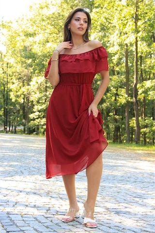 Neşeli Butik Kadın Bağlama Detaylı Madonna Yaka Yeni Sezon Şifon Elbise Nb8060 Bordo