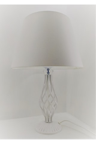 Beyaz Rustik Burgulu Taşlı Metal Ayaklı Beyaz Şapkalı Abajur Beyaz