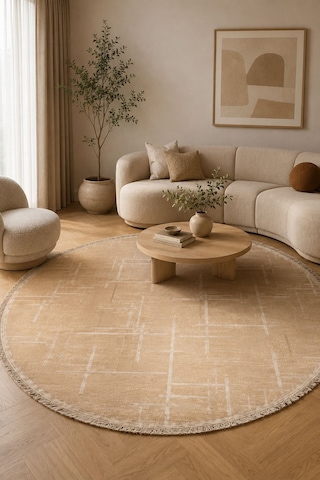 Lotus Bambu Model Altı Kaymaz Yuvarlak Makine Dokuma Halı Krem Çok Renkli