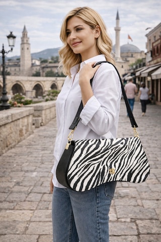 Dukidaso Beyaz Altın Tokalı Zebra Desenli Kadın Omuz Çantası Beyaz Mt1606