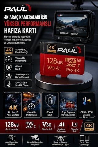 PAUL 128GB Micro SD Hafıza Kartı 4K Ultra HD V30 A1 U3 Yüksek Hızlı MicroSDXC