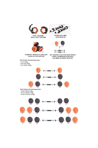 Dambıl Seti Turuncu-siyah 6 İn 1 Fitness Set 11 Kg