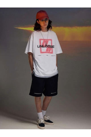 Erkek Beyaz Oversize Unloose Baskılı T-shirt Beyaz
