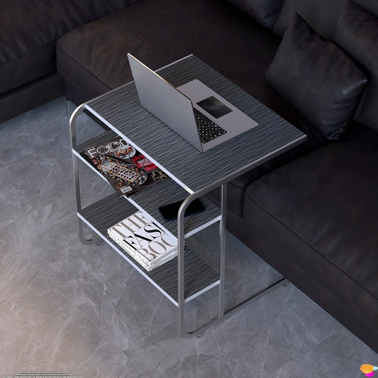 Modilayn C Yan Sehpa Geniş Boy Tekerlekli Çalışma, Atıştırmalık, Yemek, Laptop Sehpası Siyah Çizgili Siyah