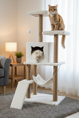 Missidea S9 Kedi Tırmalama Kulesi Platformlu 124 Cm Beyaz