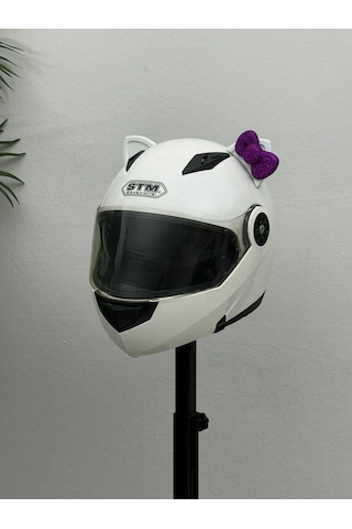 Motor & Motosiklet Mor Fiyonklu Beyaz Kedi Kulak Kask Dış Aksesuarı Diğer