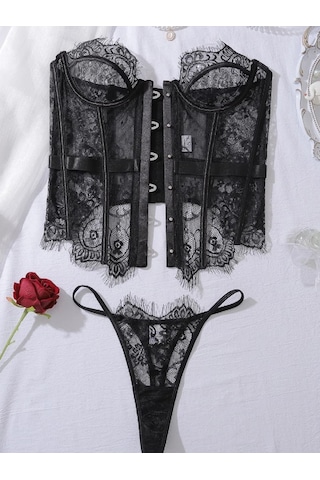 Havens Mondio Corset Büstiyer G-string Set Siyah