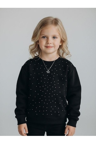 Kız Çocuk Pamuklu Taşlı Sweatshirt-16747 Siyah