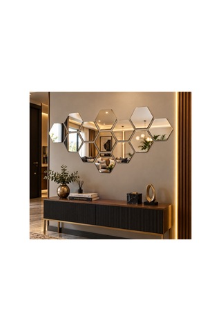 Kendinden Yapışkanlı Altıgen Dekoratif Duvar Aynası 1 Mm Kalınlık Petek Model Modern Salon, Antre Ve Yatak Odası Aynası Altın