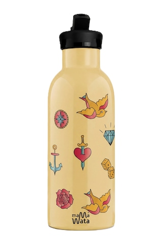 Mamawata Tattoo Pipetli Çocuk Termos Matara 470 Ml Paslanmaz Çelik Sızdırmaz Yalıtımlı Suluk Krem