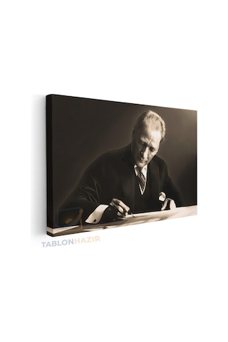Yatay Kanvas Duvar Tablosu Ataturk Yazi Yazarken Salon Tablosu Ofis Tablosu Ev Hediyesi Dekorasyon