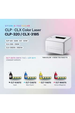 Samsung Uyumlu Clt-407s Toner Tozu + Çip Takım / Clp-320 / Clp-325 / Clx-3185 / Clt-k407s / Clt-c407s / Clt-m407s / Clt-y407s