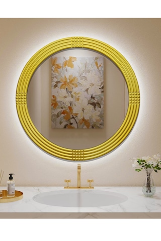 Led Işıklı Safir Altın Dekoratif İşlemeli Banyo Duvar Aynası 43 Cm Altın