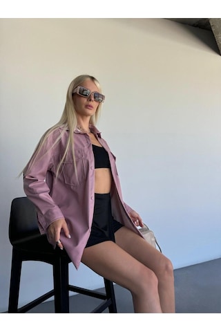 Kadın Pembe Oversize Düz Kesim Deri Ceket Pembe