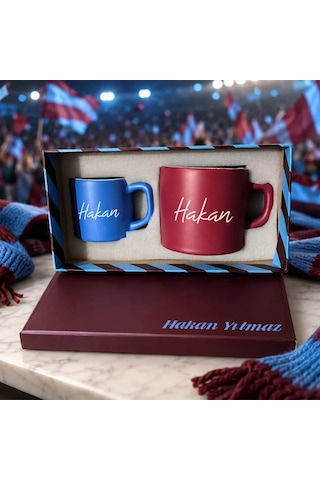 Bk Gift Kişiye Özel İsimli Kutulu Bordo Mavi Taraftar Renkleri Temalı İkili Seramik Kupa&fincan Seti-2 Çok Renkli