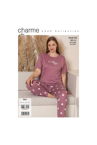 Sude Charme Kadın Büyük Beden Bisiklet Yaka Milan Likralı Kısa Kol Pijama Takımı K601/242 - 1 Adet Gülkurusu