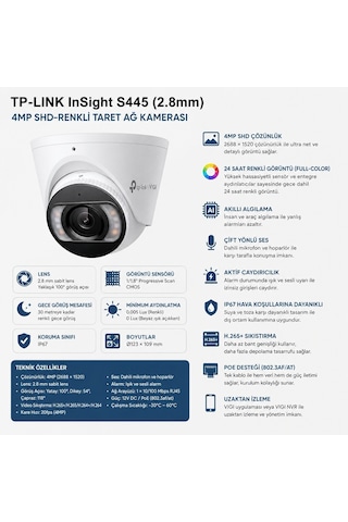 Tp-lınk Insight S445 4mp Full Color Ip Kamera 2.8mm Lens Aı İnsan Araç Algılama Mikrofonlu Hoparlörlü 30m Renkli Gece Görüşü Sd Kart Destekli Ip67 Poe Taret Ip Güvenlik Kamerası