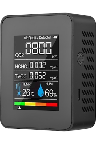 Springsun Hava Kalitesi Analizi Cihazı: Co2, Formaldehit Hcho , Tvoc, Sıcaklık Ve Nem Ölçer - Lcd Renkli Ekran, Yarıiletken Sensör, Dahili Batarya