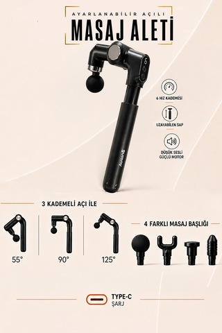 Ayarlanabilir Açılı Masaj Tabancası - Uzatma Kollu 6 Hız Kademeli Kas Tüm Vücut Masaj Aleti Siyah