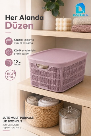 Jute Kapaklı Saklama Kutusu 10 L Plastik Mutfak Kiler Dolap İçi Organizer 34x24x15,5 Cm Mor