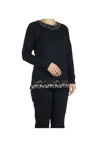 Kadın Yaka Ve Etek Desenli Taşlı Likralı Bluz-arpbattal2 siyah