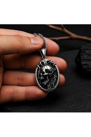 Paslanmaz Çelik Gotik Tarz Çift Taraflı Haç Detaylı Kabartma Kurukafa Kolye Antik Gümüş