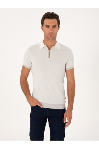 Açık Gri Slim Fit %100 Pamuk Fermuarlı Polo Yaka Triko T-shirt