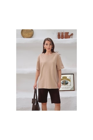 Paw Garage Kadın Mia İnterlok Kumaş Bisiklet Yaka Oversize T-shirt Bej