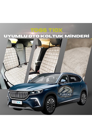 Togg T10x Bej Renk Tay Tüyü Cepli & Terletmez Sırtlı Oto Koltuk Minder Seti - Koltuk Koruma Kılıfı Ön & Arka Tam Set