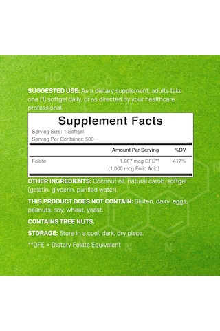 Deal Supplement Folic Acid 1000 Mcg Oil Bioavailable Prenatal Vitamin B9 500 Softgels